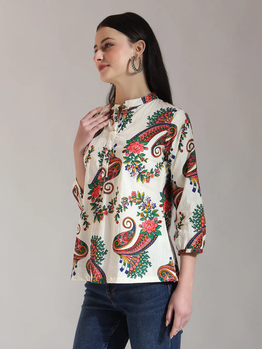 Yufta Cream Pure Cotton Paisley Peplum Top