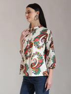 Yufta Cream Pure Cotton Paisley Peplum Top