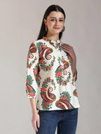 Yufta Cream Pure Cotton Paisley Peplum Top