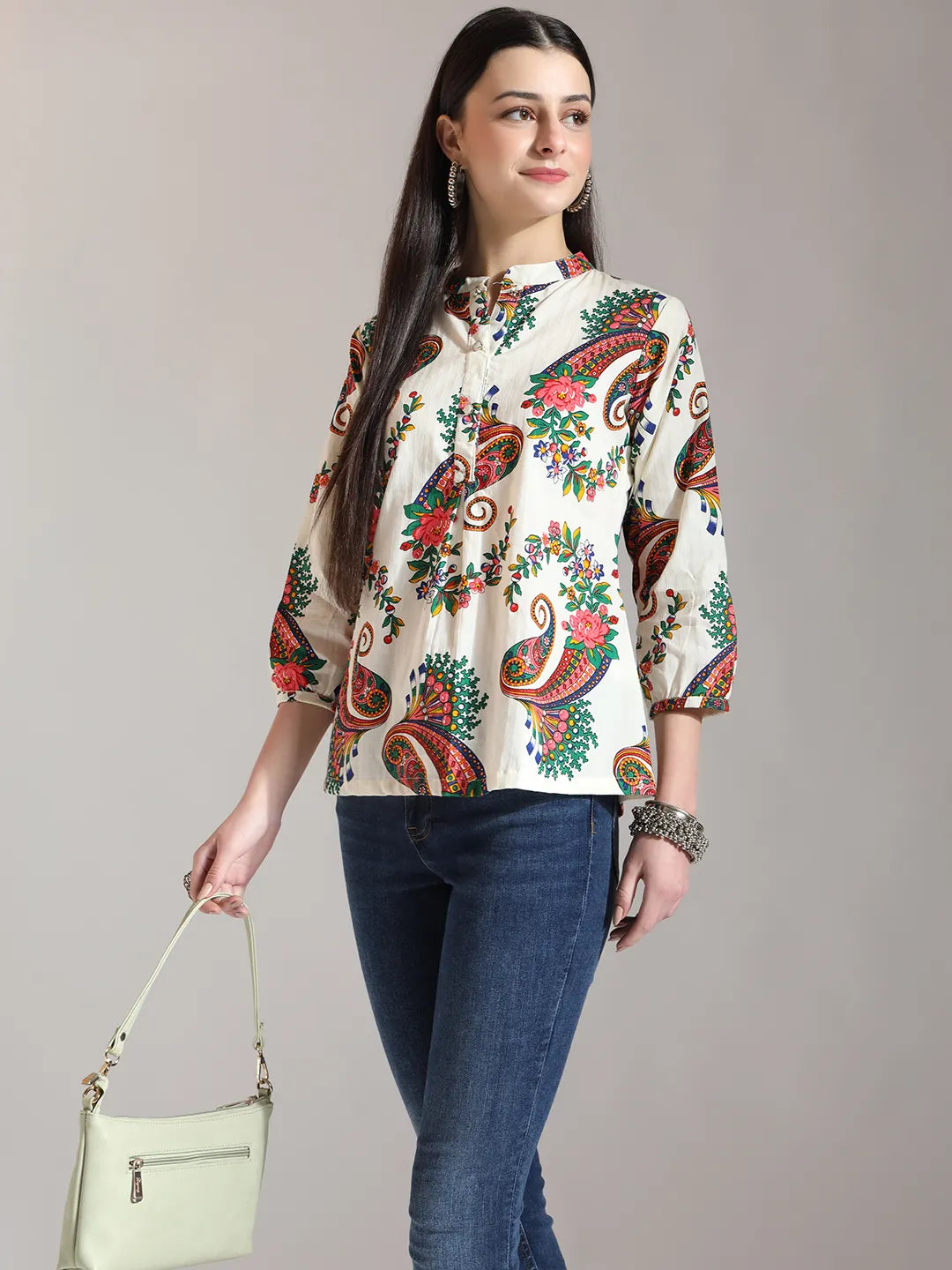 Yufta Cream Pure Cotton Paisley Peplum Top