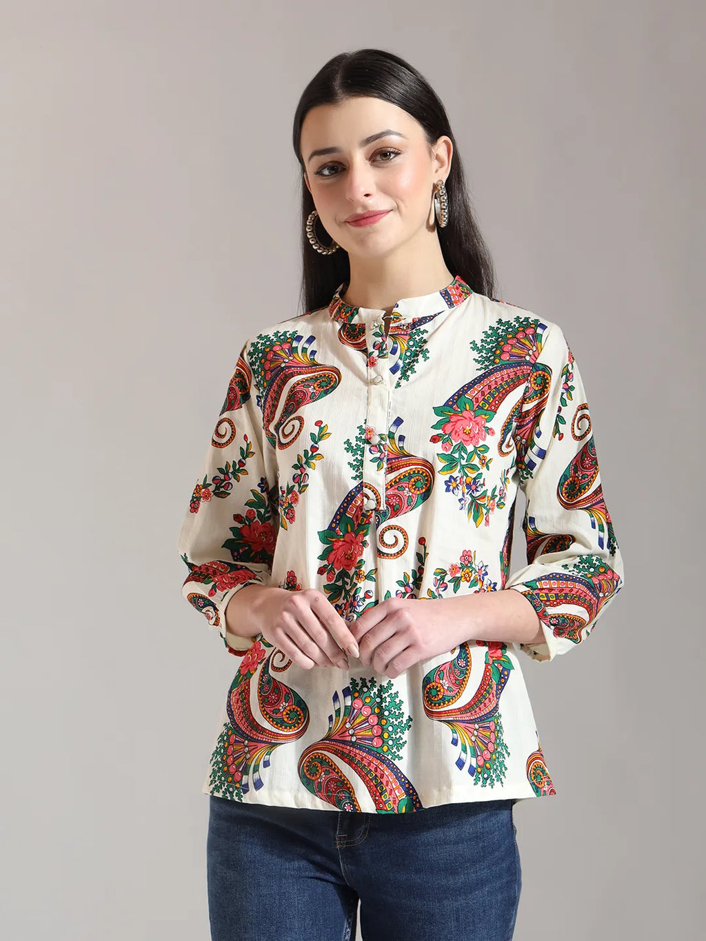 Yufta Cream Pure Cotton Paisley Peplum Top
