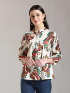 Yufta Cream Pure Cotton Paisley Peplum Top