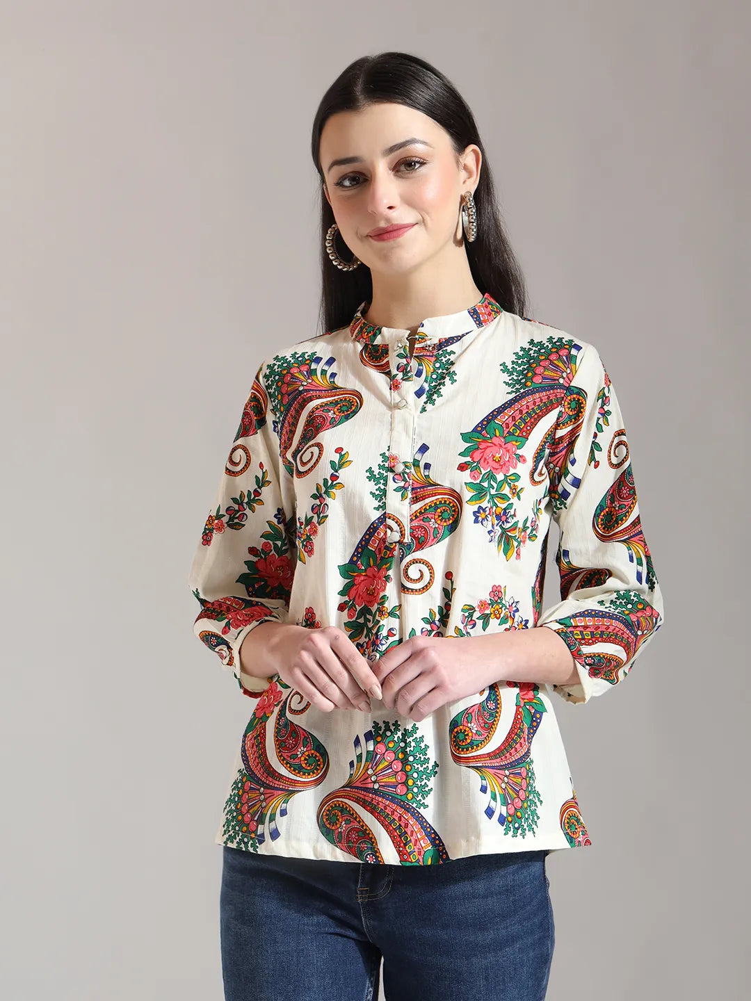Yufta Cream Pure Cotton Paisley Peplum Top