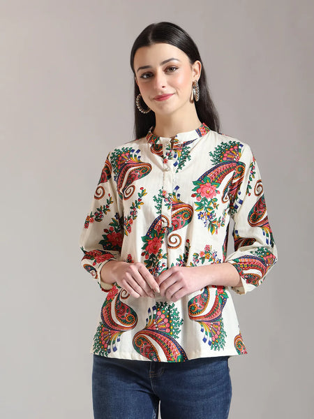Yufta Cream Pure Cotton Paisley Peplum Top