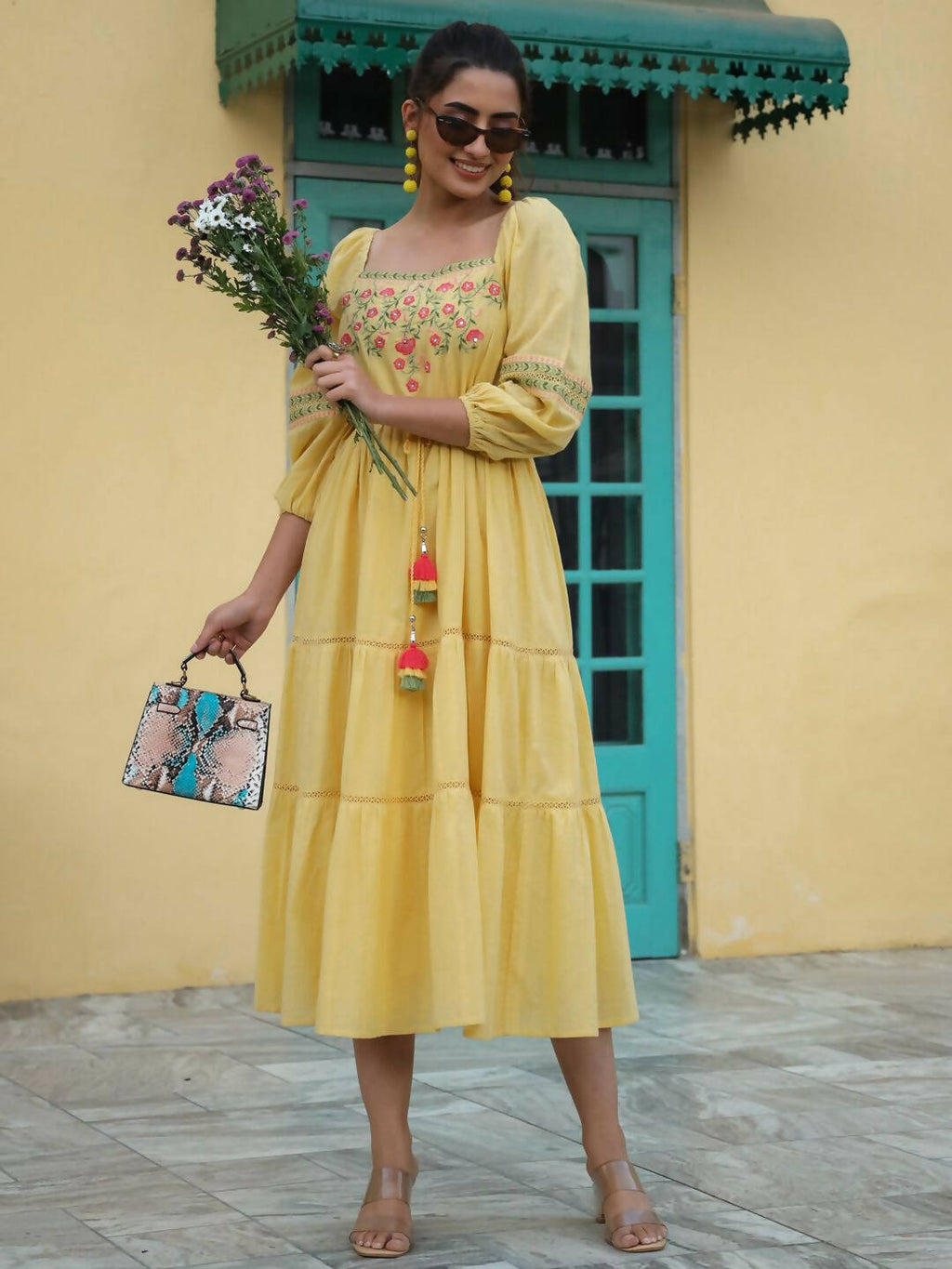 Juniper Women's Yellow Cotton Dobby Embroidered Flared Dress - Distacart