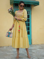 Juniper Women's Yellow Cotton Dobby Embroidered Flared Dress - Distacart