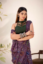 Vastranavya Wine Lurex Brasso Floral Printed Saree with Unstitched Blouse - Distacart