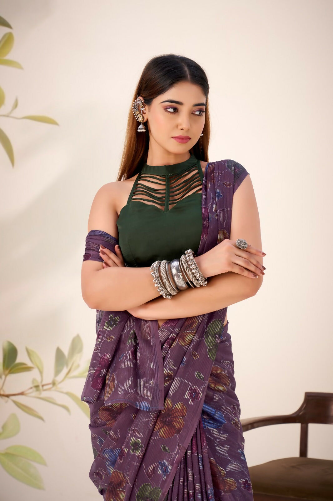 Vastranavya Wine Lurex Brasso Floral Printed Saree with Unstitched Blouse - Distacart
