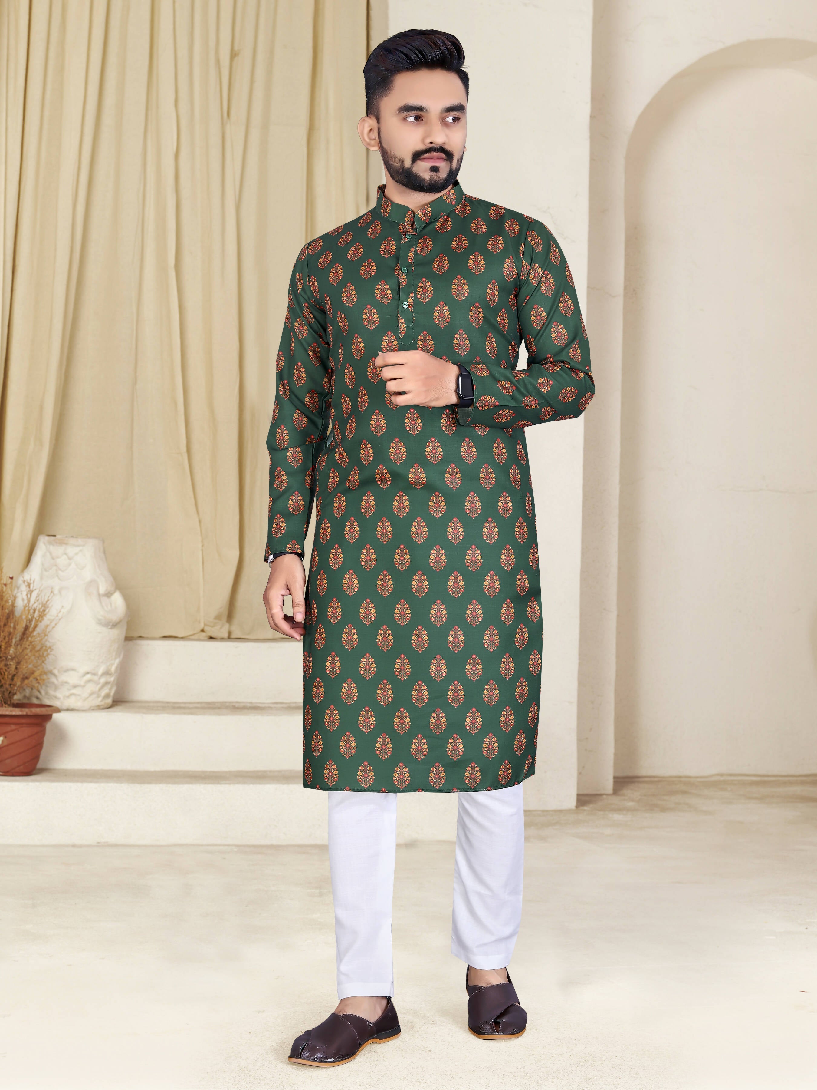 Mens Green Cotton Printed Kurta - Mahotsav