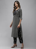 Yufta Women Black & Off-White Ethnic Motifs Printed Thread Work Cotton Kurta Set & Dupatta
