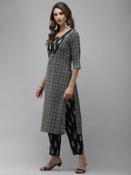 Yufta Women Black & Off-White Ethnic Motifs Printed Thread Work Cotton Kurta Set & Dupatta