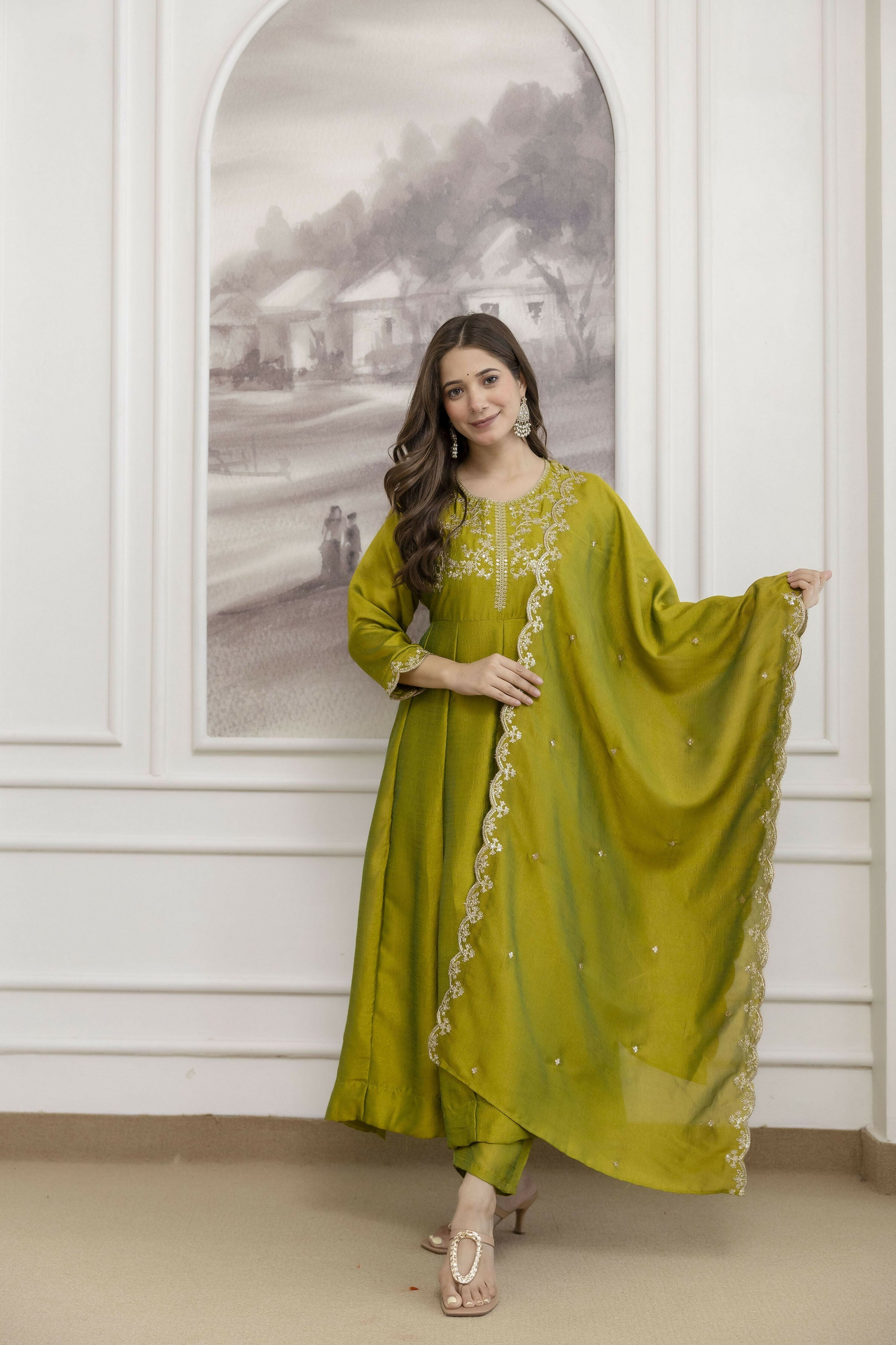The52 Light Green Women's Beautiful Vichitra Silk Fabric Embroidered Work Flared Anarkali Pant and Dupatta Set - Distacart