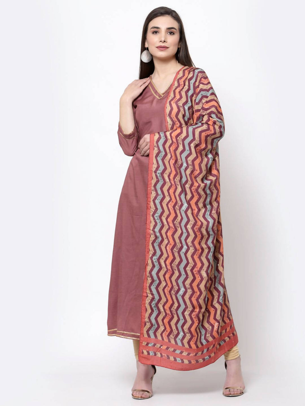 Myshka Women's Dark Pink Cotton Solid 3/4 Sleeve V Neck Casual Anarkali Kurta Dupatta Set