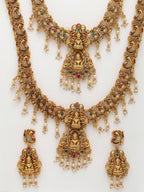NVR Women's Set of 2 Gold-Polished Green & Red Stone Studded Lakshmi Design Temple Jewellery Set
