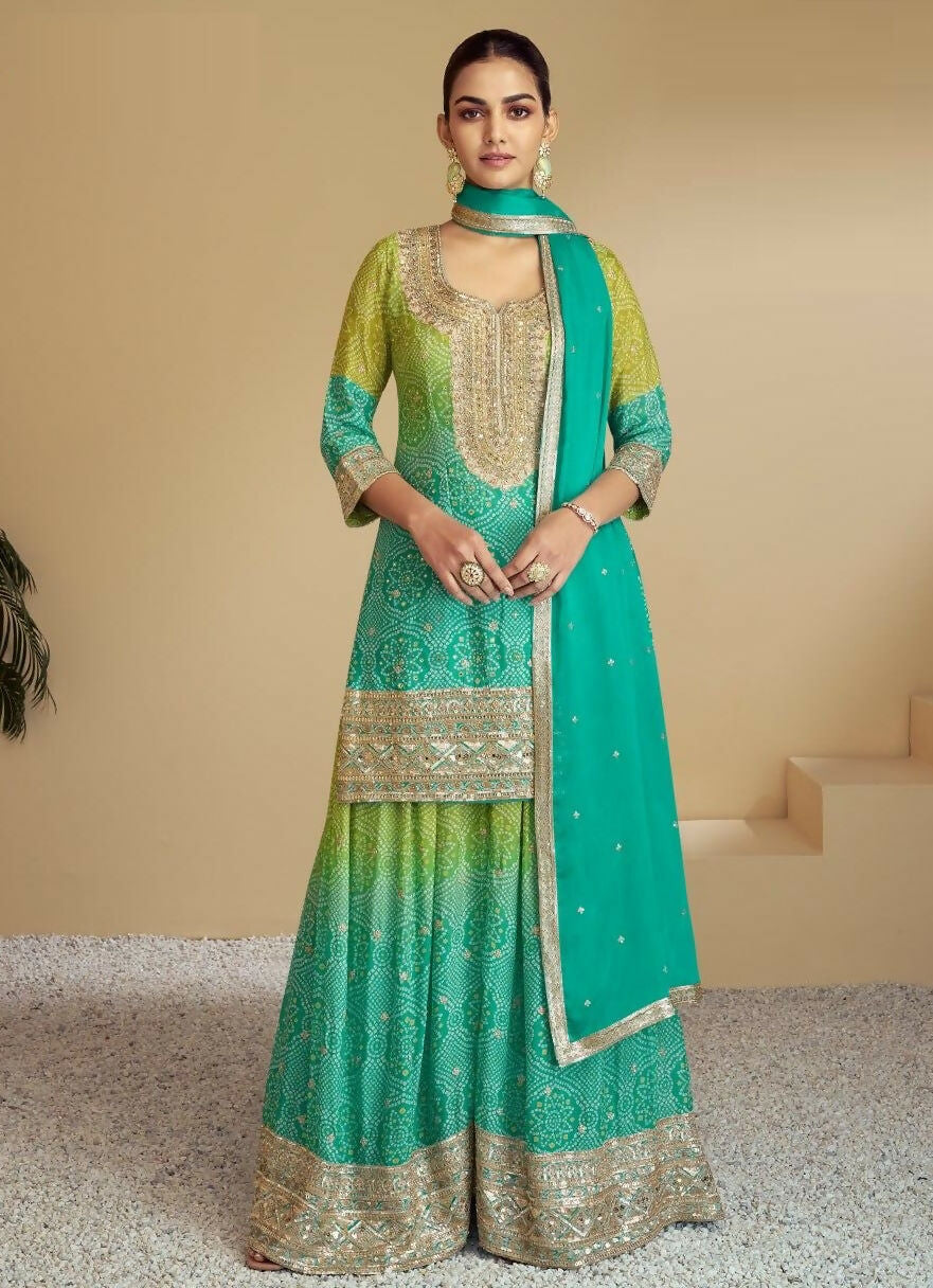 Anaita Green Digital print with Embroidered Silk Stitched Plazo Suit - Distacart