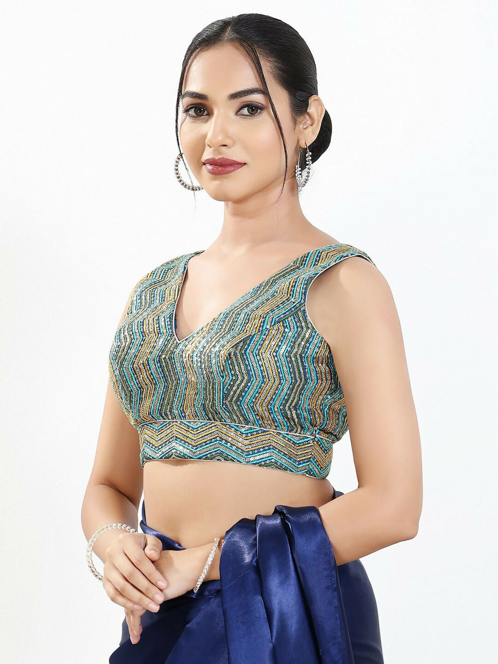 Joban Fashion Blue Multi Silk Padded Blouse With V Neck Sleeveless - Distacart