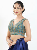 Joban Fashion Blue Multi Silk Padded Blouse With V Neck Sleeveless - Distacart