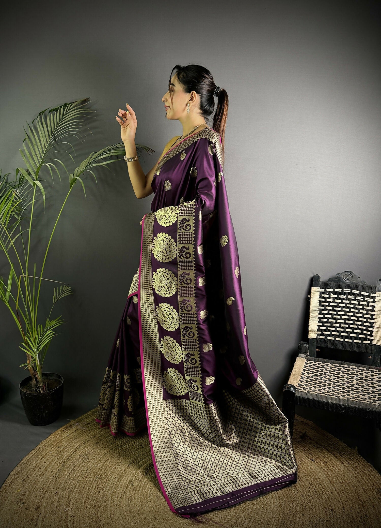 Joban Fashion Wine Banarasi Soft Lichi Silk Paisley Saree - Distacart