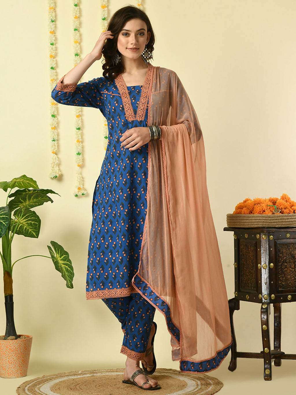 Myshka Women's Blue Pure Cotton Kurta & Trousers With Dupatta Party Sets