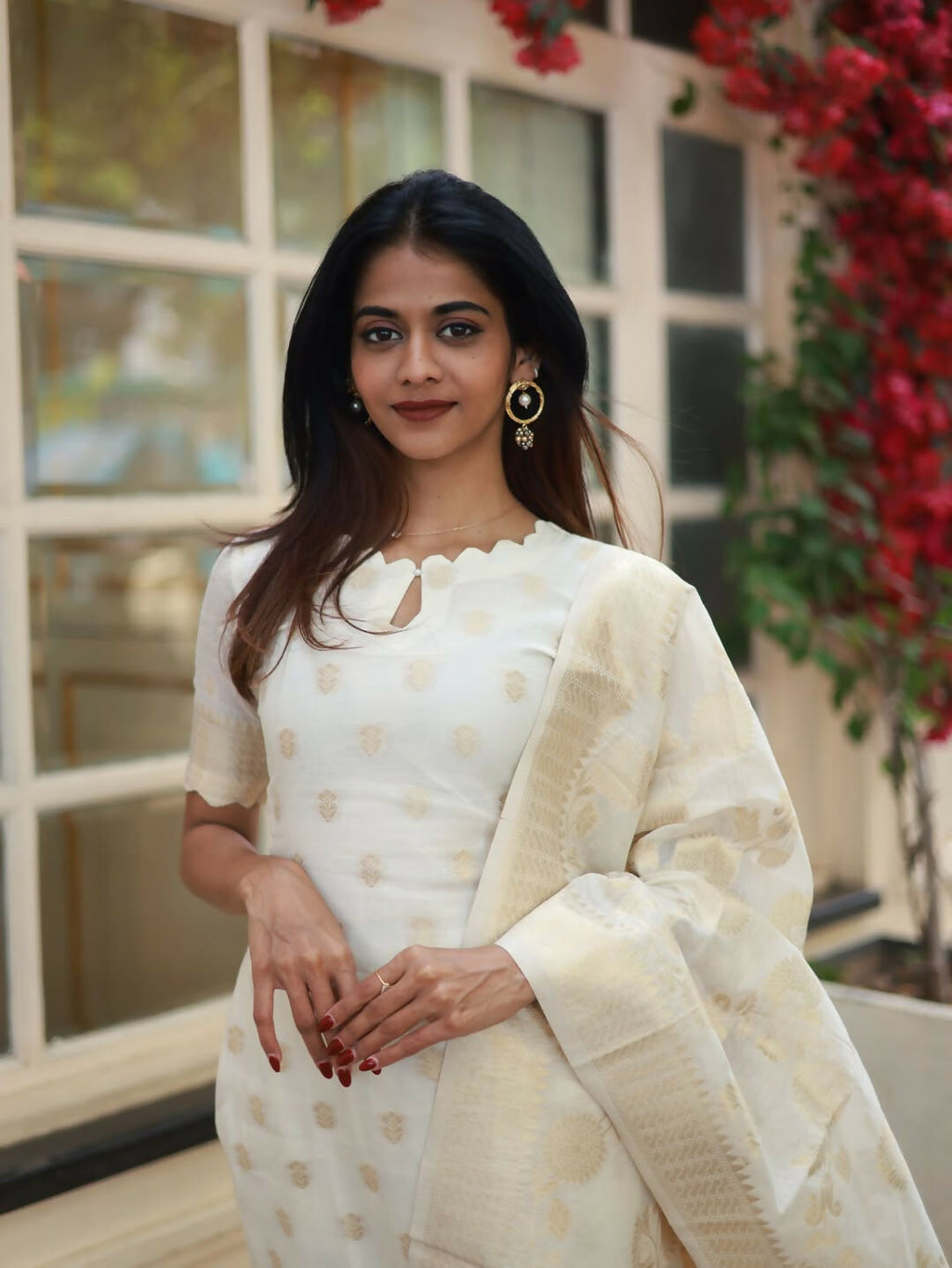 The52 White Women's Beautiful Viscose Jacquard Fabric Printed Work Straight Kurta Pant and Dupatta Set - Distacart