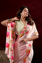 Vastranavya Peach Satin Silk Floral Printed with Pearl Lace Saree with Unstitched Blouse - Distacart