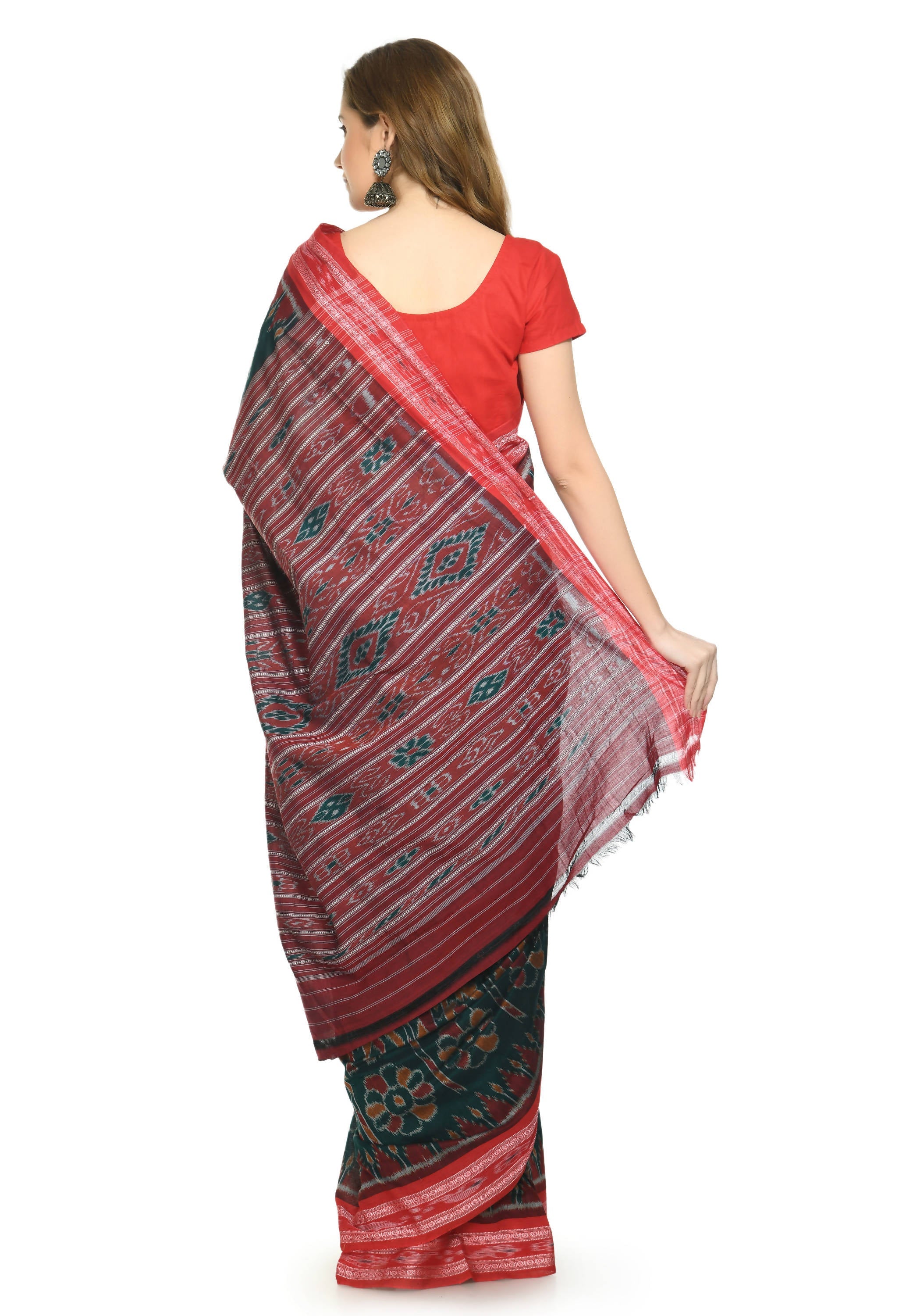 Vamika Sambalpuri Ikat Cotton Dehabandha Green & Red Saree - Distacart