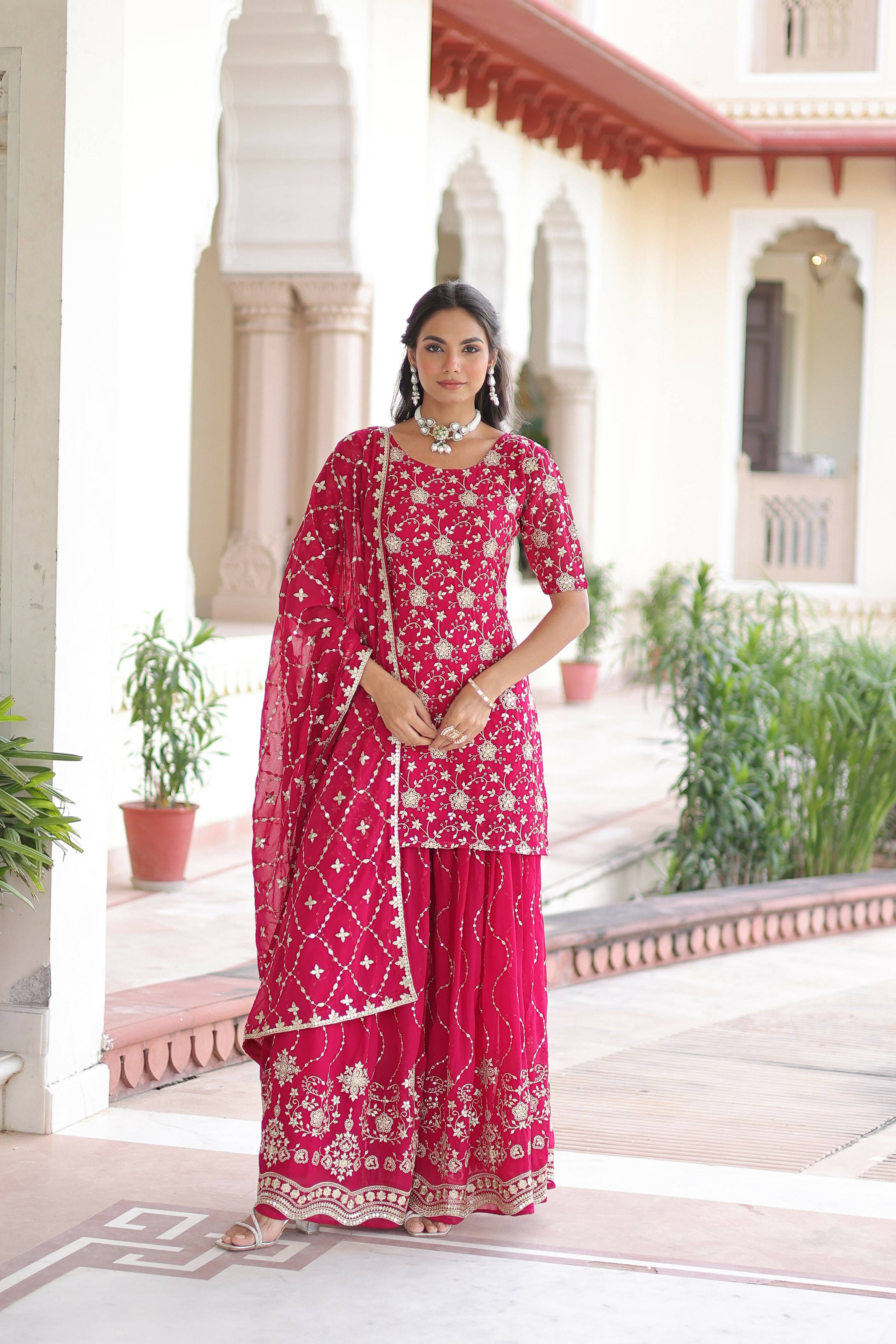 Joban Fashion Pink Readymade Kurta Set With Sequence embroidery Work - Distacart