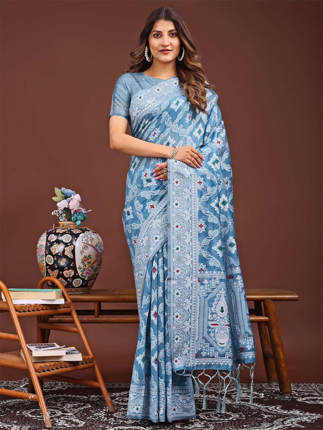Shree Shyam Fashion Pankhuri Sky Blue Linen Cotton Saree