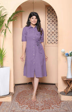 Miravan Womens Purple Solid Half Sleeve Midi Dress With Belt