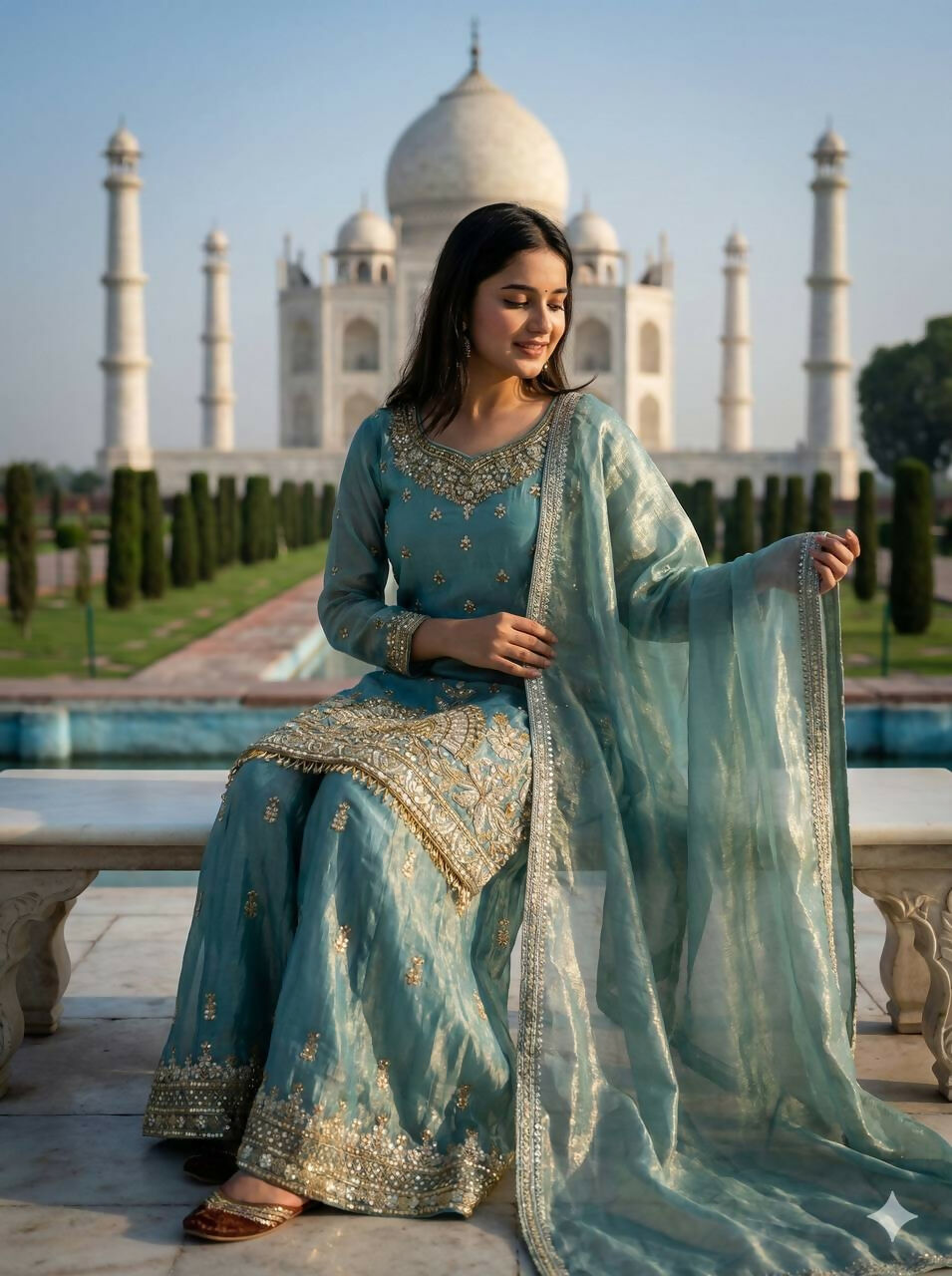 Teeya Creation Teal Fendy Silk Heavy Embroidery Work Party Wear Palazzo Suit - Distacart