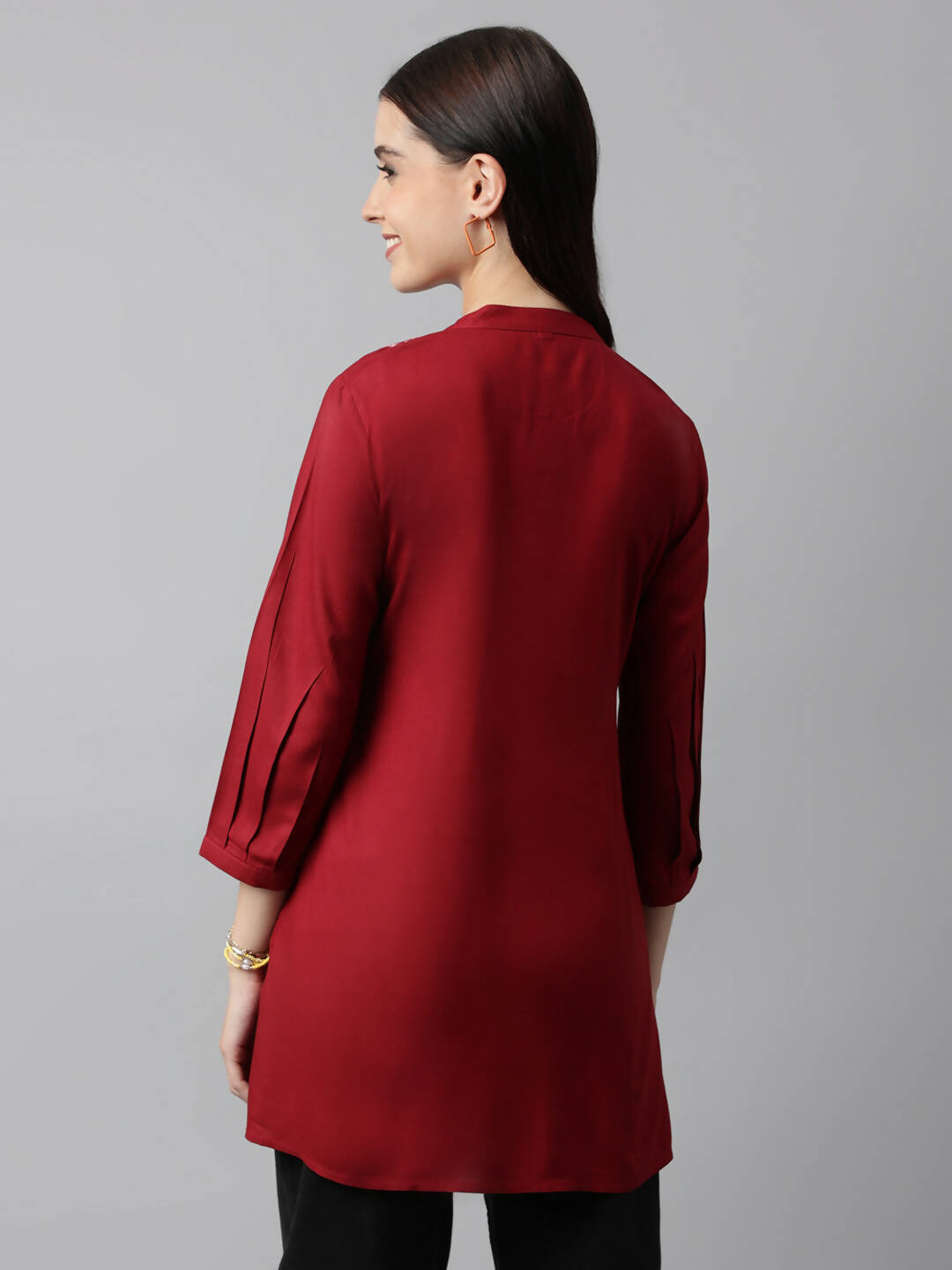 Red Rayon Yoke Embroidered A-line Top - Tarini