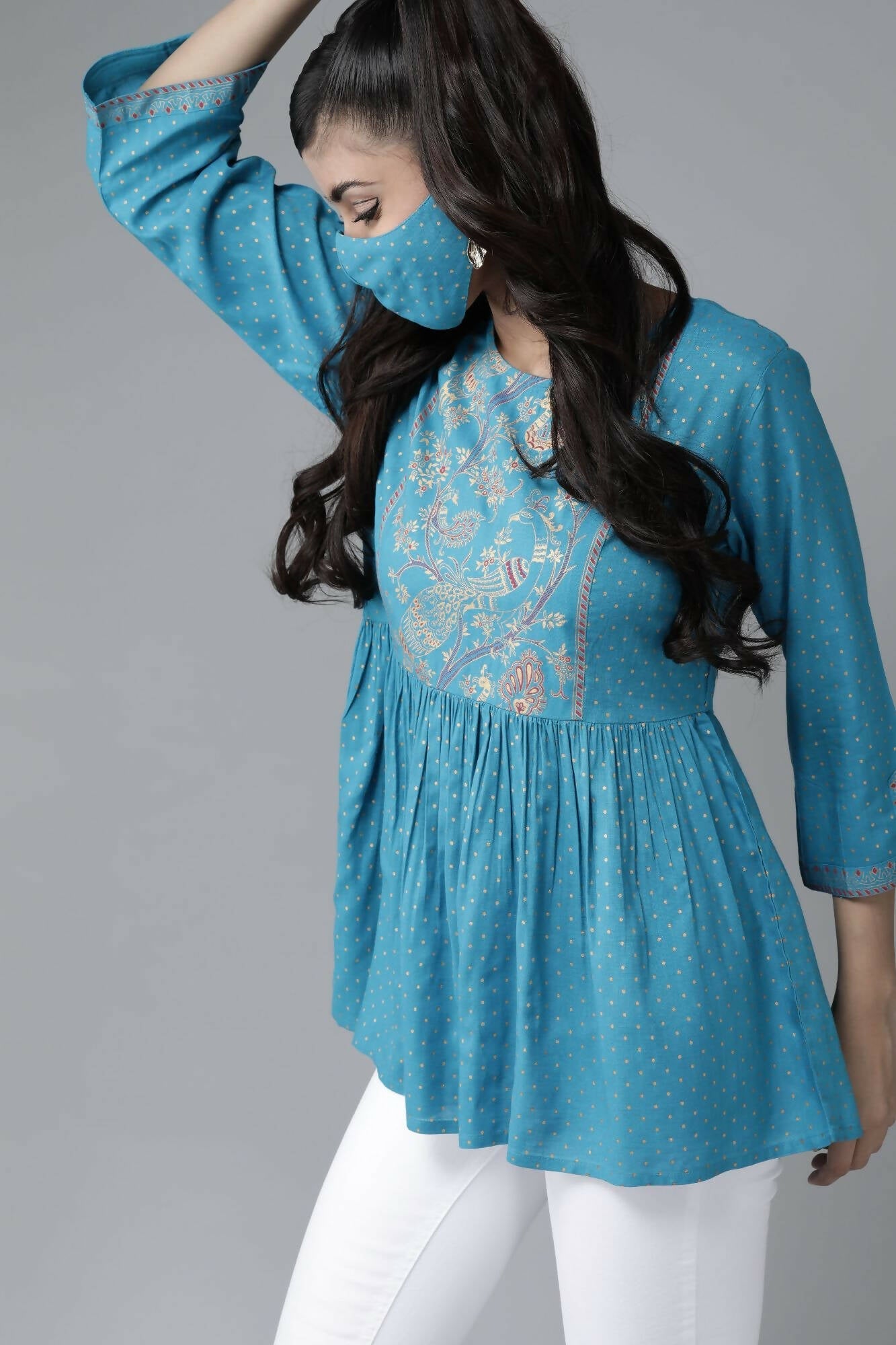 Juniper Women Skyblue Rayon Slub Polka Print Peplum Tunic - Distacart