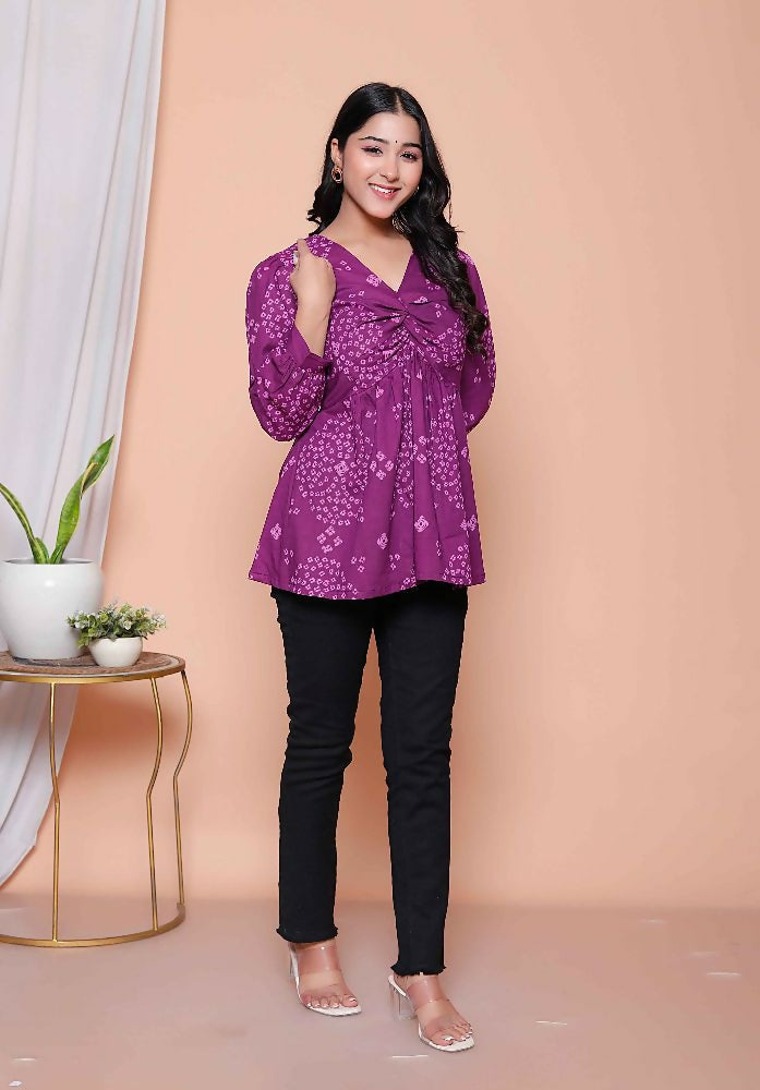Miravan Womens Purple Bandhani Printed Butterfly Style Top