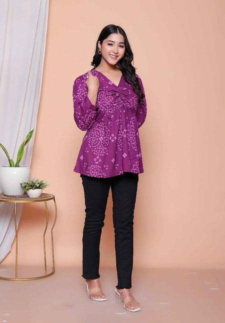 Miravan Womens Purple Bandhani Printed Butterfly Style Top