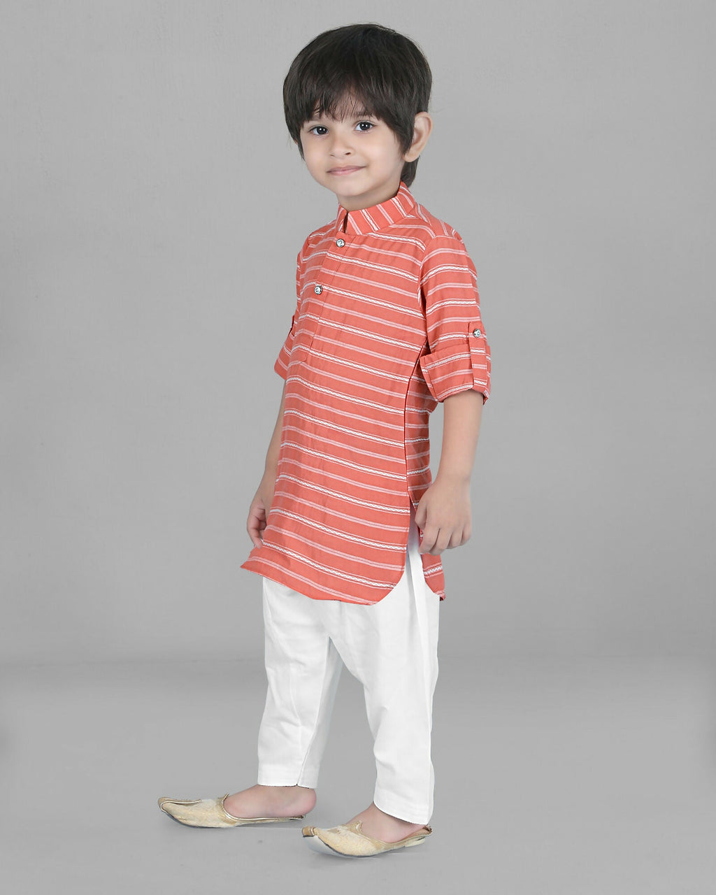Joban Fashion Kids Island Cotton Full Sleeves Striped Kurta and Pyjama- Peach - Distacart