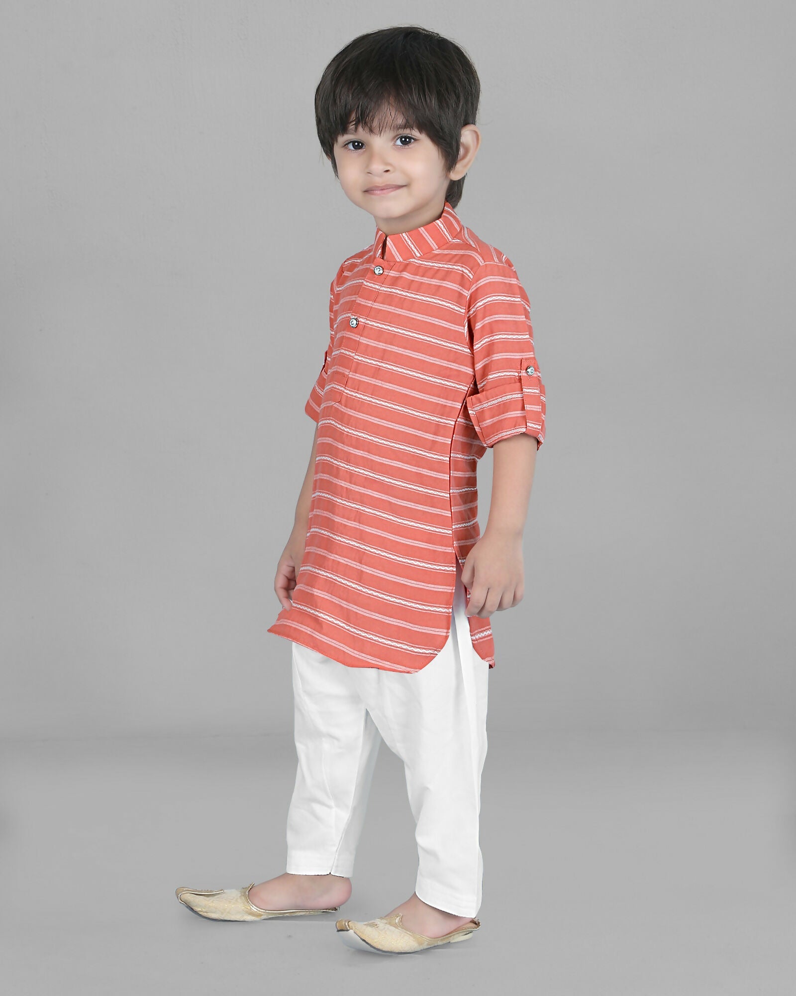 Joban Fashion Kids Island Cotton Full Sleeves Striped Kurta and Pyjama- Peach - Distacart