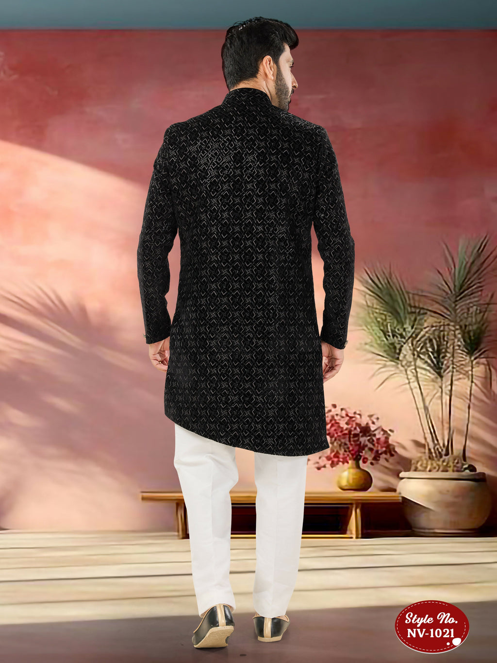 Joban Fashion Men's Black Base Straight Velvet Thread And Sequence Embroidary All Over Indo-Western Kurta Set