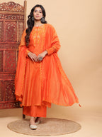 BohoJazz Nazm Embroidered Cuff-Sleeves Kurta Set with Dupatta - Rust Orange - Distacart