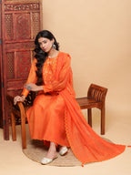BohoJazz Nazm Embroidered Cuff-Sleeves Kurta Set with Dupatta - Rust Orange - Distacart