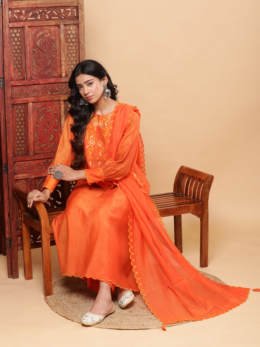 BohoJazz Nazm Embroidered Cuff-Sleeves Kurta Set with Dupatta - Rust Orange - Distacart