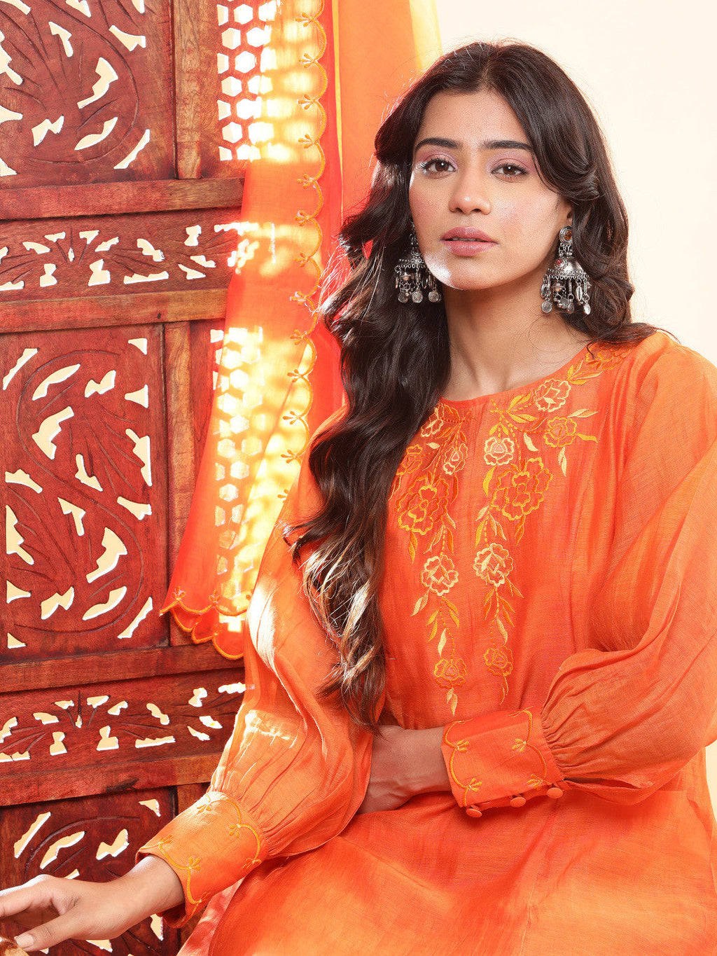 BohoJazz Nazm Embroidered Cuff-Sleeves Kurta Set with Dupatta - Rust Orange - Distacart