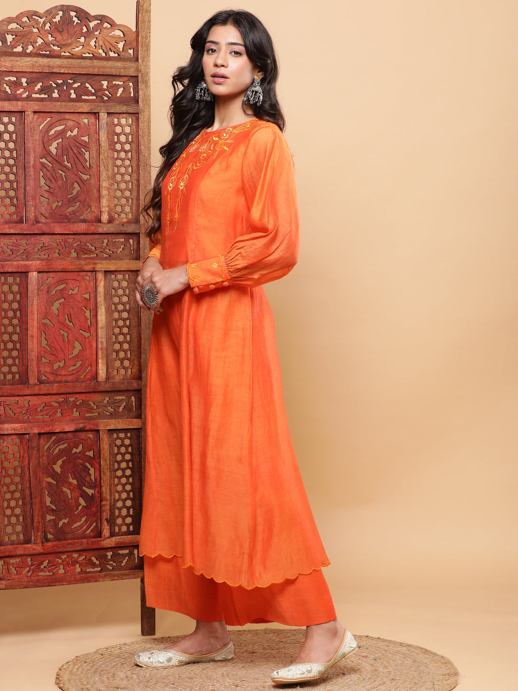 BohoJazz Nazm Embroidered Cuff-Sleeves Kurta Set with Dupatta - Rust Orange - Distacart