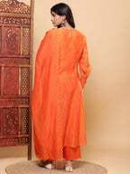 BohoJazz Nazm Embroidered Cuff-Sleeves Kurta Set with Dupatta - Rust Orange - Distacart