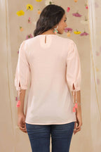 Juniper Women Peach Cotton Dobby Embroidered A-Line Tunic - Distacart
