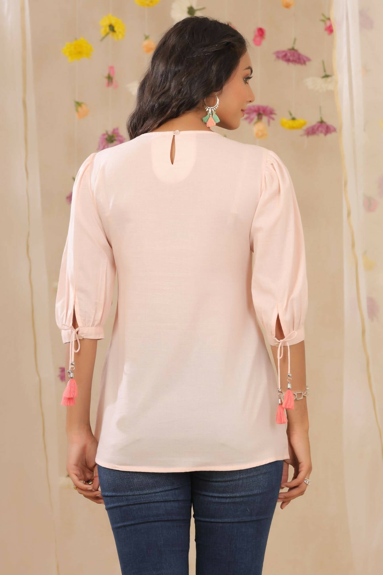 Juniper Women Peach Cotton Dobby Embroidered A-Line Tunic - Distacart