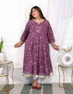 Miravan Women's Plus Size Cotton Gota Patti And Lace Border Details Floral Printed Purple Anarkali Kurta