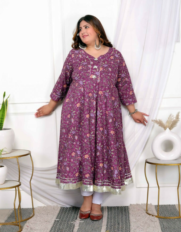 Miravan Women's Plus Size Cotton Gota Patti And Lace Border Details Floral Printed Purple Anarkali Kurta