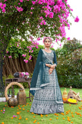 Teal Net Embroidered Semi Stitched Lehenga Choli with Dupatta - Bhagya