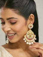 Nuyug 22K Gold-Plated Elegant Ruby & Kundan Stone Studded With Pearl Beaded Floral Chandbalis - Distacart