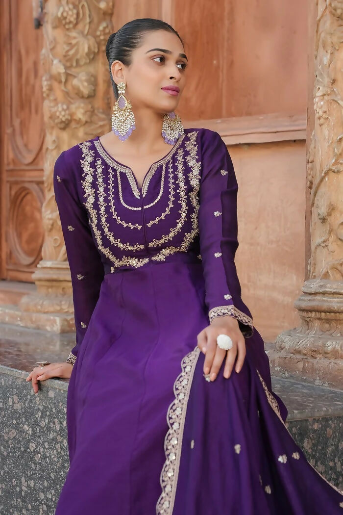 The52 Wine Women's Gorgeous Vichitra Silk Fabric Embroidered Work Flared Anarkali Pant and Dupatta Set - Distacart